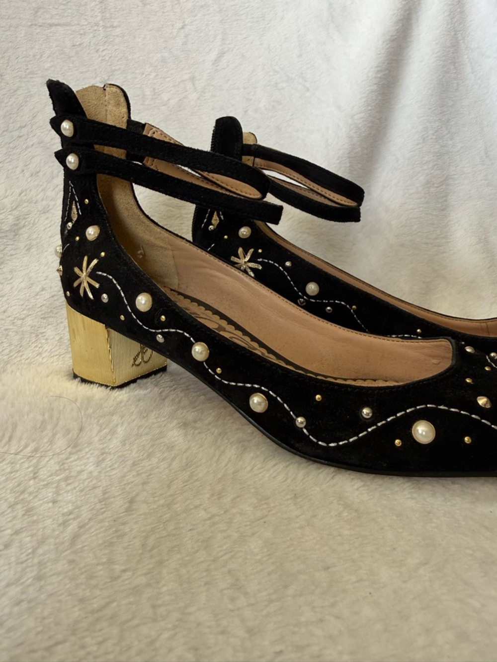 Sam Edelman Lucien Embroidered Pearl Stud Ankle Strap Block Heel Pumps - Picture 3 of 7